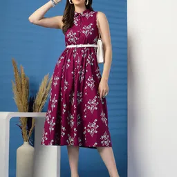 Ramas Women Floral Printed Cotton Fit and Flare Dress With Belt-picture-26
