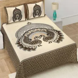 Runjhun Cream-Coloured & Blue Ethnic Motifs King Bedsheet with 2 Pillow Covers image 1