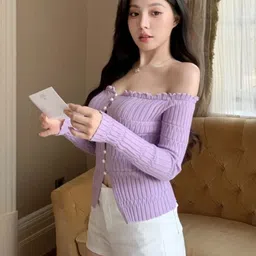 StyleCast Women Off-Shoulder Long Sleeves Front-Open Sweater image 3