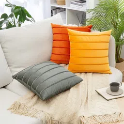 Khooti Grey & Yellow Set of 3 Striped Square Cushion Covers image 4