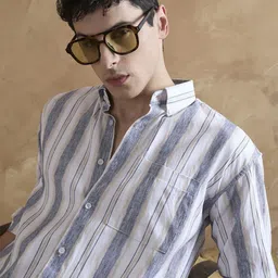 DENNISON Men Blue and Cream Vertical Striped Oversized Shirt-picture-24