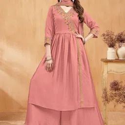 FABZOO Women Floral Embroidered Angrakha Thread Work Pure Silk Kurta with Palazzos & With Dupatta image 2