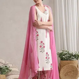 V.S.Creation Floral Printed V-Neck Sleeveless Straight Kurta With Trousers & Dupatta image 2