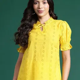 DressBerry Floral Print Tie-Up Neck Puff Sleeve Cotton Top-image-70