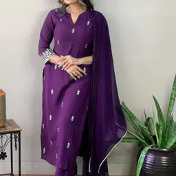 HERE&NOW Women Ethnic Motifs Embroidered Regular Sequinned Kurta with Trousers & With Dupatta-picture-14