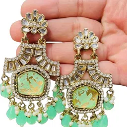 OPUS GEMS Artificial Stones Studded And Beaded Floral Shaped Drop Earrings image 3