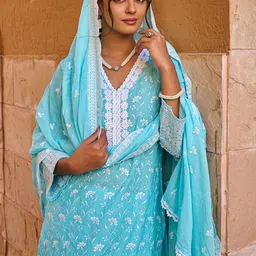 Indo Era Women Ethnic Motifs Embroidered Regular Chikankari Pure Cotton Kurta with Trousers & With Dupatta image 5