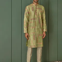 ASUKA Men Floral Embroidered Regular Chanderi Silk Kurta with Pyjamas image 4
