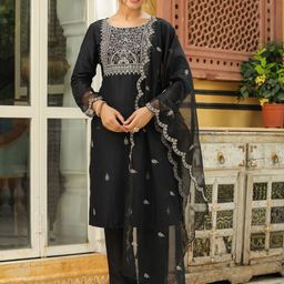 Janasya Women Floral Embroidered Regular Sequinned Kurta with Trousers & With Dupatta-picture-11