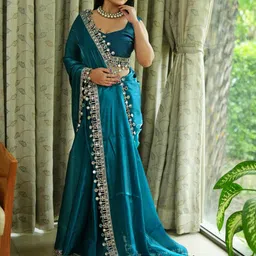 Anouk Teal Tissue Solid Sarees-image-59