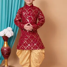 NFC CREATION Boys Embroidered Regular Sequinned Dupion Silk Kurta with Dhoti Pants-picture-31