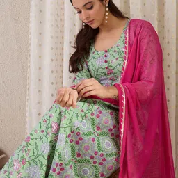 Indo Era Women Floral Printed Panelled Pure Cotton Kurta with Trousers & With Dupatta image 2