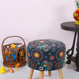 Shadowkart Navy Blue & Red Printed Wooden Round Shaped Ottomans-image-0