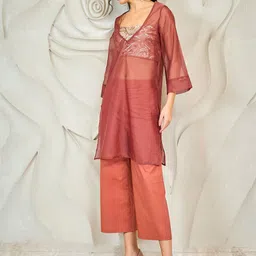 Shally Bhasin by Athena V Neck Sheer Top & Tunic With Trousers Co-Ords image 2
