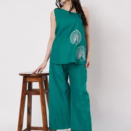 9rasa Peacock Printed One Shoulder Cotton A-Line Top image 3