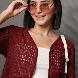 UnaOne Self Design Embroidered V-Neck Pure Cotton Shrug image 4