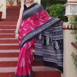 Pinkcity Trade World Women Black & Pink Pure Cotton Ethnic Jaipuri Hand Block Saree-picture-28