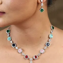IKSAVA Silver-Plated American Diamond Stone Studded Jewellery Set image 1