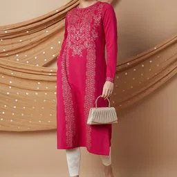 Melange by Lifestyle Ethnic Motifs Embroidered Thread Work Acrylic Straight Kurta-picture-16