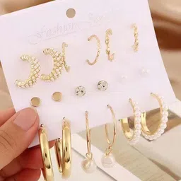 PolluxCraft Set of 9 Gold Plated Pearls & Crystal Studs & Hoop Earrings image 4