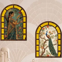 Iya creations 2Pcs Brown & Green Textured Wooden & Acrylic Mirror Jharokas Wall Decors image 4