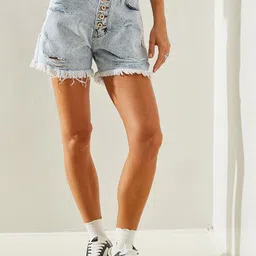 BIANCO LUCCI Women Washed Denim Shorts-image-0