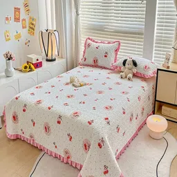 JC HOME Pink & White Printed Cotton Double King Bed & Pillow Cover-picture-48