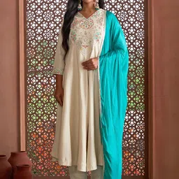 Navlik Women Ethnic Motifs Embroidered Regular Thread Work Kurta with Trousers & With Dupatta-picture-16