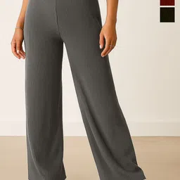 Fabflee Women Pack of 3 Wide Leg Mid-Rise Parallel Trousers-image-21