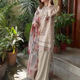 GoSriKi Floral Printed Round Neck Straight Kurta With Palazzos & Dupatta image 4