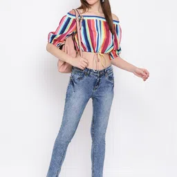 SZN Striped Off-Shoulder Crepe Crop Top image 4