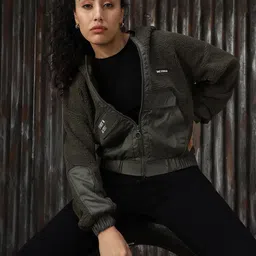 High Star Women Self Design Hooded Front-Open Crop Sweatshirt-image-19