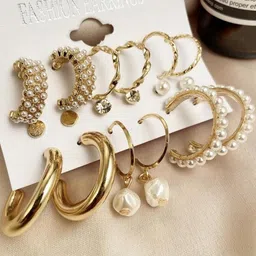 Zaphariq Set Of 9 Gold-Plated Pearls Studded Circular Hoop Earrings-image-40