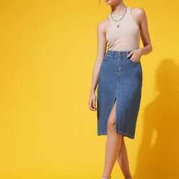 belliskey Women Solid Straight Blue Skirt image 4