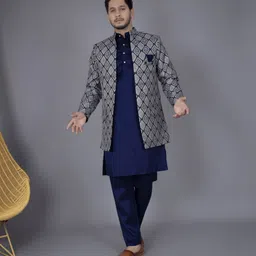 Men Jacquard Kurta Pyjama Ethnic Jacket Set-image-4