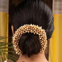 diversa Artificial Gajra Golden Beads Scrunchie Hair Gajra Bun for Women, Pack of 1 Bun Clip-picture-27