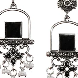 Zoey German Silver-Plated Stones Studded & Beaded Oxidised Geometric Drop Earrings image 3