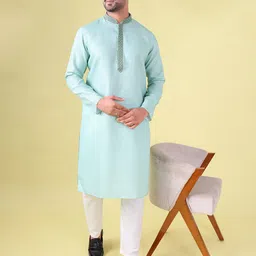 AURIK Woven Design Mandarin Collar Thread Work Pure Silk Straight Kurta With Pyjamas-picture-19