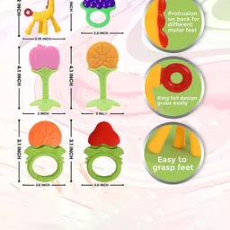 Kritiu Kids Pack Of 6 Green & Red Silicone Fruit & Giraffe Shape Baby Teether image 5