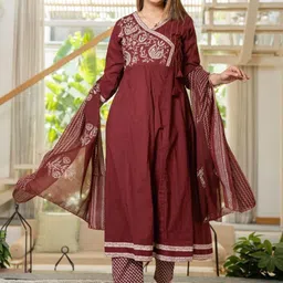 KALINI Women Ethnic Motifs Embroidered Cotton Anarkali Kurta with Trousers & Dupatta-picture-22
