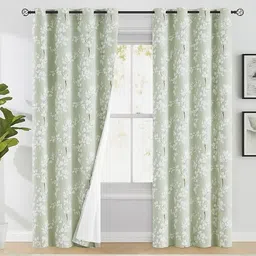 BFAM Green & White Set of 2 Floral Black Out Long Door Curtain-picture-52