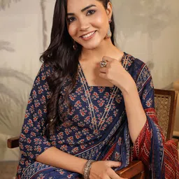 KALINI Floral Printed Straight Kurta With Trousers & Dupatta image 3