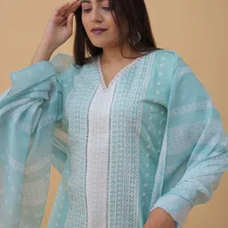 HERE&NOW Embroidered V-Neck Chikankari Pure Cotton Straight Kurta With Salwar & Dupatta image 5