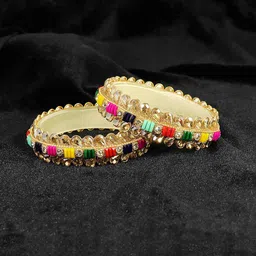 ZULKA Set of 2 Golden Kundan & Zircon Stone Stylish Glass Kada Bangles-picture-14