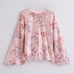 Tiny Girl Floral Printed Sequinned Stripes Bell Sleeve Top-picture-38
