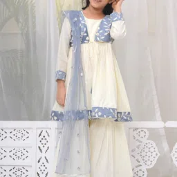 Little Bansi Girls Floral Embroidered Thread Work Pure Cotton Kurta with Sharara & Dupatta-picture-34