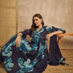 CHETI Women Abstract Printed Beads and Stones Anarkali Kurta with Trousers & Dupatta image 4