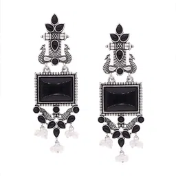 Brado Jewellery Stones Studded and Pearls Beaded Square Oxidised Drop Earrings image 3