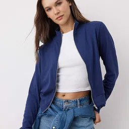 Trendyol Women Solid Mock Collar Long Sleeves Front-Open Sweatshirt-picture-22