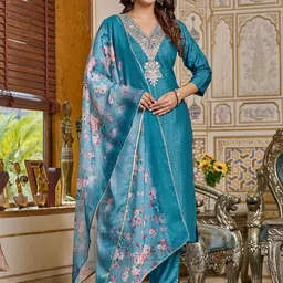 HERE&NOW Women Floral Embroidered Regular Thread Work Kurta with Trousers & With Dupatta-picture-16